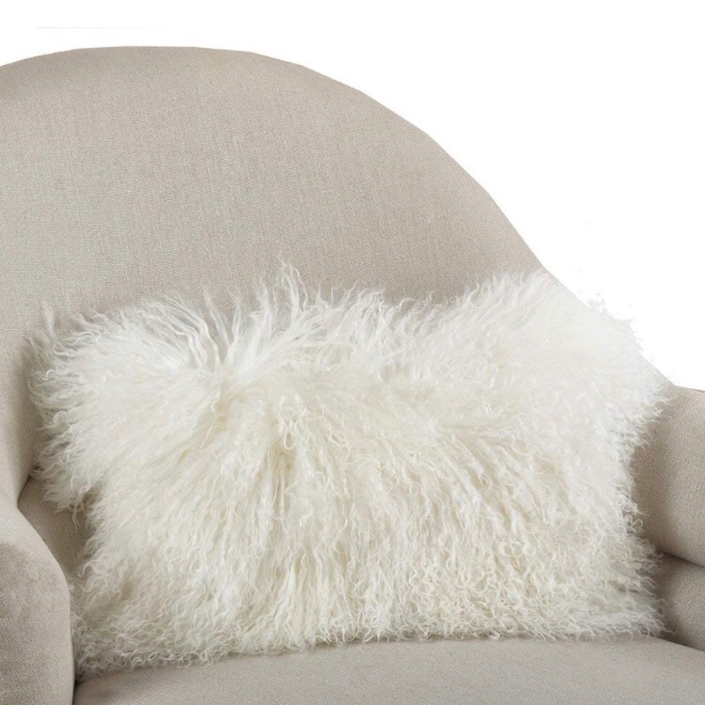Ivory Mongolian Lamb Fur Pillow, 12”x20”
